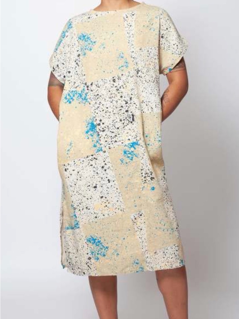 Gravel & Gold - Beige + Turquoise Speckled Patchwork Midi Dress